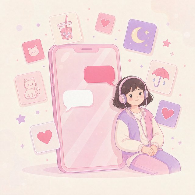 平行世界产品插画：戴耳机的女孩靠在手机旁，屏幕中是粉白聊天界面，四周漂浮奶茶、月亮、小猫、雨伞等记忆卡片